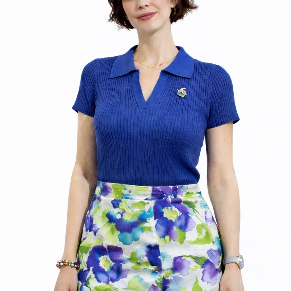 SGW - Royal Blue Polo Collar Short Sleeve Sleeve Knitwear Sweater - Womens S